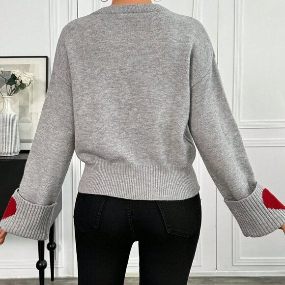 Grey Casual Women's Round Neck Cuff Heart Pattern Sweater - Picture 2 of 6